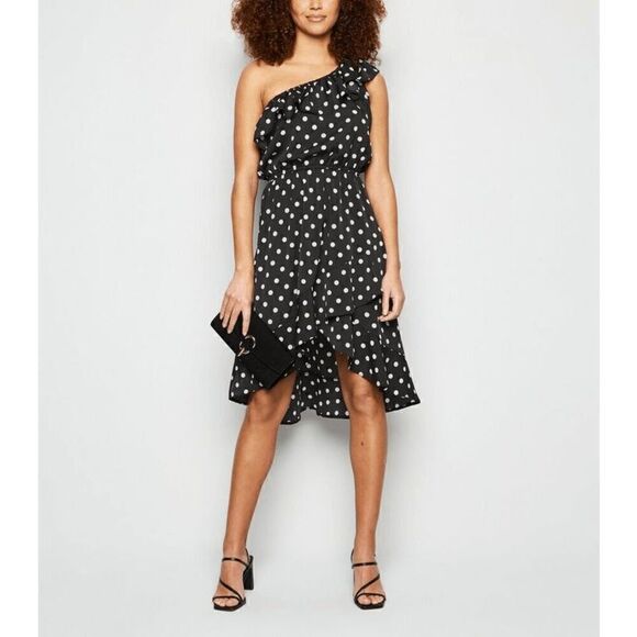 One Shoulder Ruffle Cute Polka Dot Elastic Waist Hi-Lo Flowy Dress SIZE L NEW - Picture 8 of 16